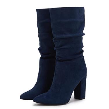 Imagem de Syktkmx Botas femininas de inverno despojadas salto alto cano médio camurça sem cadarço bloco grosso bico fino, Azul marino, 38
