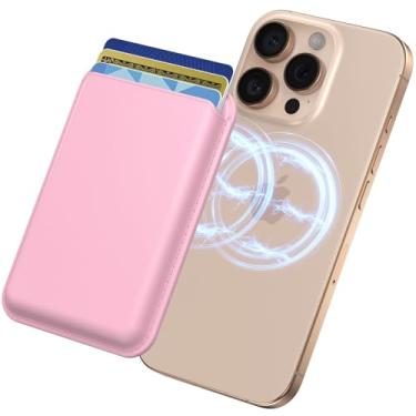 Imagem de Vanjua Carteira magnética para iPhone 16/15/14/13/12 Pro/Max/Plus/Mini, carteira de telefone de couro, porta-cartões RFID com ímã Mag-Safe, rosa, Minimalista