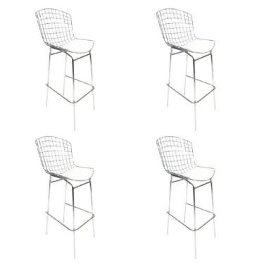 Imagem de Kit 4 Banquetas Bertoia Cromada assento branco tubular altura 70cm - P