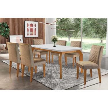 Imagem de Sala de Jantar Completa Londrina c/ Tampo Madeirado Canto Reto 180x90cm e 6 cadeiras Jade Imbuia/Suede Capuccino - Rufato