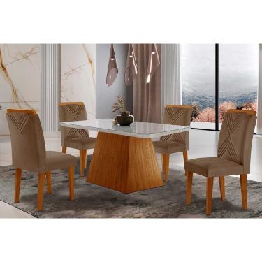Imagem de Sala de Jantar Completa Luna Tampo Madeirado c/ Vidro Canto Curvo 120x80 e 4 Cadeiras Amsterdã Imbuia/Suede Capuccino - Rufato