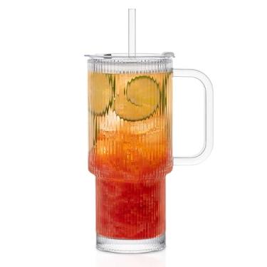 Imagem de KEMORELA Caneca grande de vidro transparente de 737 g com alça e tampa deslizante – Copo com nervuras estéticas para café gelado, vitaminas e bebidas quentes – Copo de viagem reutilizável com canudo