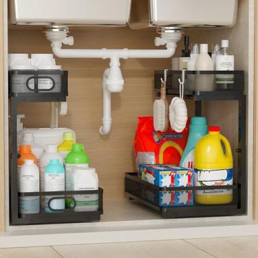 Imagem de JATBFCC Organizador embaixo da pia, pacote com 2, organizador deslizante de 2 camadas com gaveta deslizante de metal e ganchos, cestos de armazenamento para cozinha, banheiro, despensa, armário