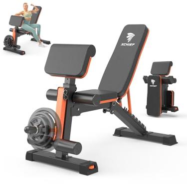 Imagem de XCHIEF Banco de peso ajustável – Banco de treino dobrável resistente com capacidade de 453 kg para exercícios de corpo inteiro, plano/inclinado/declinado, supino para academia em casa com almofada de