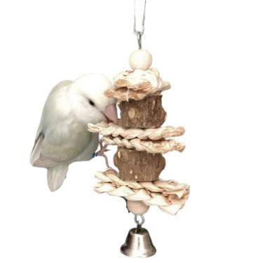Imagem de Brinquedo para mastigar papagaio de madeira natural, bico de casca de milho, gaiola de moagem, brinquedo para mastigar com sino para periquito conure, periquito, calopsita, hamster (pacote com 1)