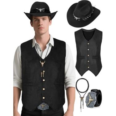 Imagem de CICOCO Fantasia de cowboy para homens ocidentais clássico colete cowboy chapéu bolo fantasia Holloween, Preto, G