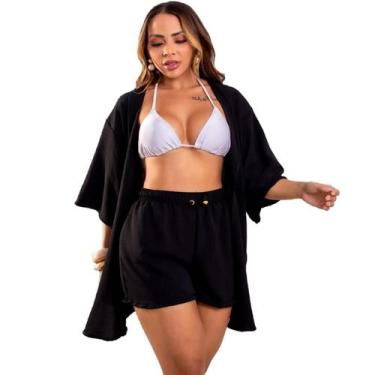 Imagem de Saída De Praia Conjunto Kimono Camisão + shorts elástico - Tropicana M