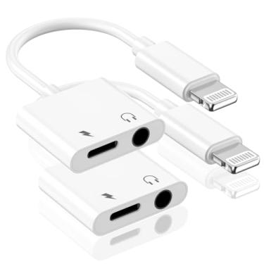 Imagem de [Certificação Apple MFi] Adaptador de conector de fone de ouvido Apple Lighting para iPhone de 3,5 mm, 2 unidades, 2 em 1, fone de ouvido auxiliar, áudio + cabo carregador divisor dongle para iPhone