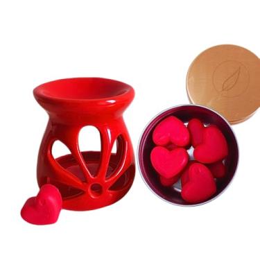 Imagem de Filum Artesanal, Difusor Aromatizador Rechaud de Cerâmica Vermelho com Waxmelts de Coração Presente Criativo