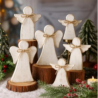 Imagem de Yerliker 6 peças de decoração de mesa de anjo de Natal de madeira para mesa de fazenda centros de mesa de mesa rústica de anjo de Natal estátua de madeira bloco de estatueta em camadas para decoração