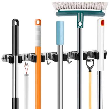 Imagem de UNIFUN Suporte de parede para vassoura, organizador de vassouras, suporte de parede de aço inoxidável, vassoura e esfregão, organização de armazenamento resistente para casa, cozinha, jardim, garagem,