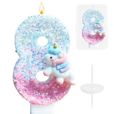 Imagem de Vela de bolo de aniversário de unicórnio, topo de bolo número 8 de unicórnio pastel, vela de aniversário de 8 anos, velas de feliz aniversário de 7 cm, topo de bolo para 8ª festa de meninas