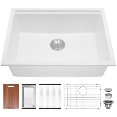 Imagem de Davivy Estação de trabalho de pia de granito branco de 68 cm, pia de cozinha composta de granito de 68 x 48,8 cm, tigela única profunda com acessórios