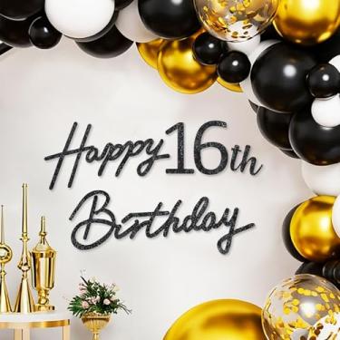 Imagem de TONIFUL Placa de feliz aniversário - faixa de feltro preto com glitter - Inclui cola de bolinhas - perfeita para pano de fundo de festa de 16 anos, decoração de parede de 16 anos de idade
