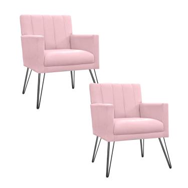 Imagem de Combo 2 Poltronas Estofadas Para Consultório Pés de Ferro Cecília Suede Rosa Bebe - LM DECOR