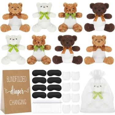 Imagem de Chicingyou Conjunto de 8 jogos de chá de bebê com ursos vendados para trocar de fraldas, com 8 ursos de pelúcia, 8 fraldas, 8 sacos de presente para chá de bebê, sorteio de revelação de gênero, jogo