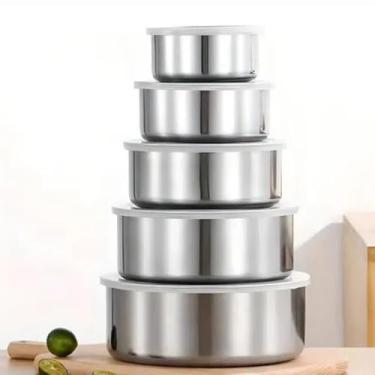 Imagem de Conjunto de Tigelas em Aço Inox com Tampa – 5 Potes Herméticos Empilháveis Bavaria, Tigelas de Inox com Tampas Plásticas para Cozinha, Armazenar e Servir Alimentos