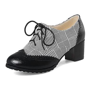 Imagem de Sapato social feminino de couro vintage Oxfords Brogues com cadarço, salto médio, bico redondo, 5, preto, 38