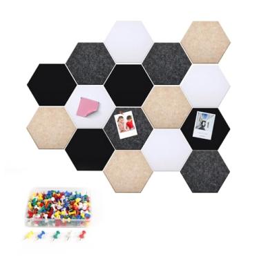 Imagem de 16 peças de placa hexagonal de cortiça para paredes com 60 pinos de pressão de madeira 17 x 15 cm de feltro DIY com nano fita para pendurar quadro de avisos para casa foto escritório nota de memorando