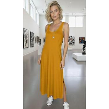 Imagem de vestido regata com bolso e fenda na lateral - neide moda, Mostarda, G