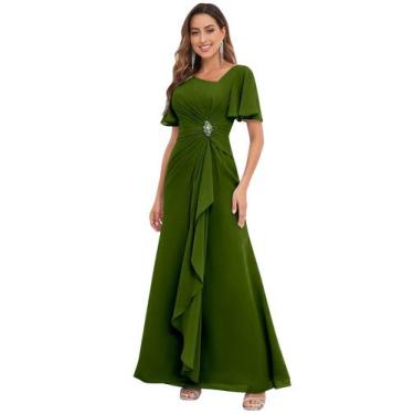 Imagem de Vestido PRESEOSSA, verde oliva, chiffon, decote em V, manga com babado