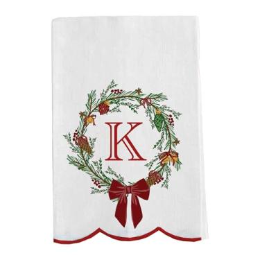 Imagem de Mary Square Monograma de guirlanda de Natal K toalha de chá vermelha e branca 35 x 16,5 todo algodão toalha de mão de cozinha | Decoração de casa festiva e presente