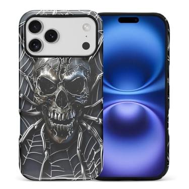 Imagem de FKBRCL4U Capa para iPhone 17 Pro Max, capa híbrida de silicone brilhante de 2 camadas para meninas e mulheres para iPhone 17 Pro Max Spider Skull Black Metal Pattern