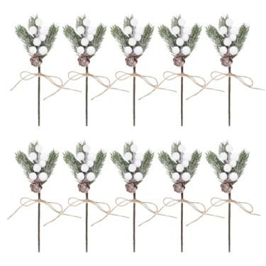 Imagem de Cffuvros 10 peças de picaretas de frutas de Natal com pinhas e azevinho, hastes florais artificiais de inverno para artesanato, guirlandas, decorações de árvores de Natal, frutas (White)