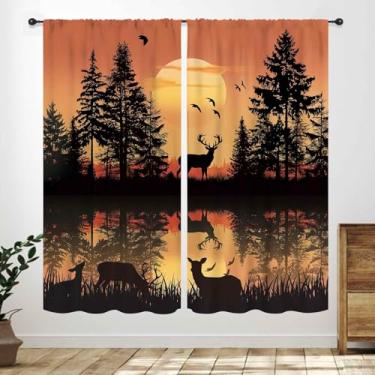 Imagem de Cortinas de cozinha de cabana florestal, campo de fazenda, animais selvagens, cervo, vintage, laranja, floresta, natureza, montanha, tratamentos, cortinas, quarto, sala de estar, lavanderia, 53 cm L x