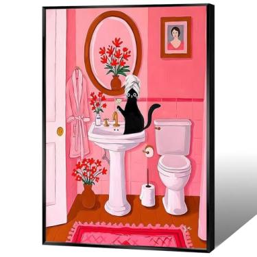 Imagem de Quark Pôster engraçado de gato sentado na pia bebendo um coquetel, arte de parede vintage gato preto banheiro tela arte moderna animal martini impressões pintura para casa quarto dormitório decoração