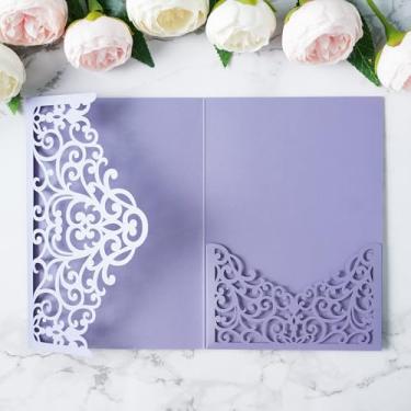 Imagem de ponatia 20 peças de bolsos lilás para convites de casamento cortados a laser, bolsos de convite com corte a laser de 12 x 17 cm para chá de panela, 15 anos, convite de 15 anos