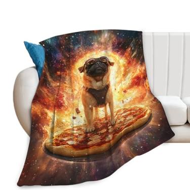 Imagem de Cobertor de Pug Cosmic Pizza Pug Mantas Funky Space Dog Estampa de Pizza, Coisas de Flanela de Lã Confortável Pelúcia Leve Roupa de Cama Amante de Comida Presentes para Homens Mulheres Adultos para