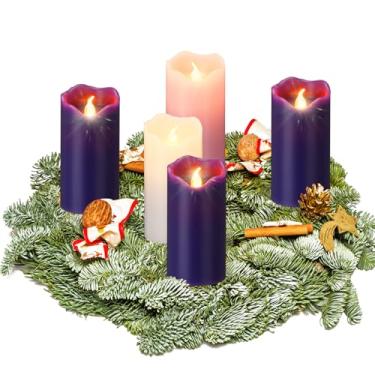 Imagem de Cindeer Conjunto de 5 velas do advento sem chamas de 2 x 10 cm de LED com guirlanda de pilar do advento operado a pilar roxo rosa votivo sem chama para celebração sazonal rituais festivais decoração