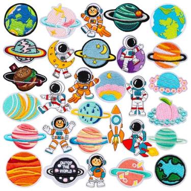 Imagem de 30 peças de adesivos de planetas espaciais para meninos, desenho animado bonito universo astronauta bordado costurar em apliques conjunto de apliques para roupas, jaquetas, jeans, mochilas, casaco