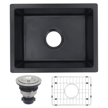 Imagem de MONSINTA Pia de cozinha sob montagem, pia de barra preta fosca de 45,7 cm x 35,5 cm, pia de cozinha composta de granito pequena com conjunto de ralo de pia e grade inferior da pia