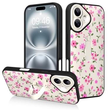 Imagem de AIGOMARA Capa para iPhone 16 com suporte de alça de dedo, estampa floral rosa para mulheres e meninas, capa protetora à prova de choque com suporte de mão antiarranhões, branca
