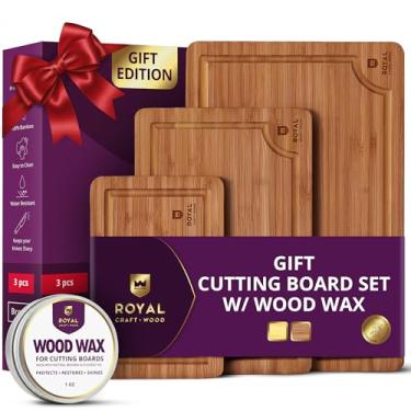 Imagem de ROYAL CRAFT WOOD Conjunto de tábua de corte de bambu – 3 tábuas de corte de madeira duráveis para preparar refeições na cozinha, charcutaria e servir – bloco de corte e açougueiro com sulcos de suco