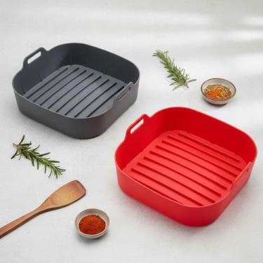 Imagem de Kit 2 Formas de Silicone Premium para Grelhar Quadrada BPA Free Reutilizável 19cm Air Fryer Antiaderente Resistente a 230°C Fácil de Limpar