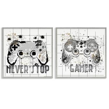 Imagem de Stupell Industries Gamer Words with Modern Pixels Conjunto de arte giclée emoldurado cinza de 2 peças, design de Kim Allen, 61 x 61 cm