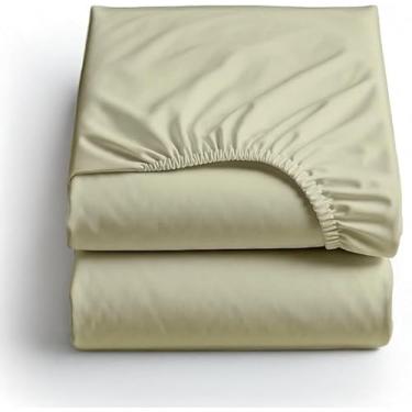 Imagem de Pacote com 2 lençol de baixo casal GG, tecido percal de algodão puro, ultramacio e respirável, lençol com elástico de algodão percal de 40,6 cm, casal GG, bege