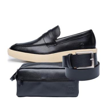 Imagem de Sapato Social Mocassim Masculino em Couro, Sola Tratorada 2cm, Estilo Elegante com Cinto e Necessaire (Preto e Branco, BR, Adulto, Numérico, 41)