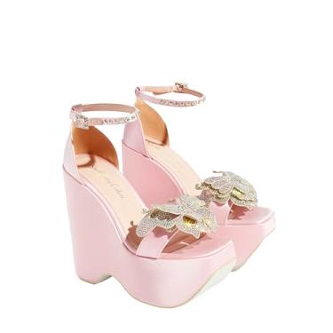 Imagem de Sparkl Fairy Couture Sola feminina alta grossa bico aberto salto bloco tira no tornozelo Gabriella plataforma rosa, rosa, 35