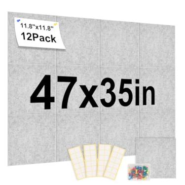 Imagem de Quadro grande de cortiça para parede 119 cm x 89 cm, pacote com 12 azulejos de parede de feltro com abas adesivas removíveis seguras, quadro de avisos de cortiça para home office Essentials placa de