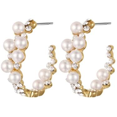 Imagem de Brincos de argola de pérola com strass de cristal, brincos pequenos e grossos de luxo para mulheres, brincos pendentes elegantes