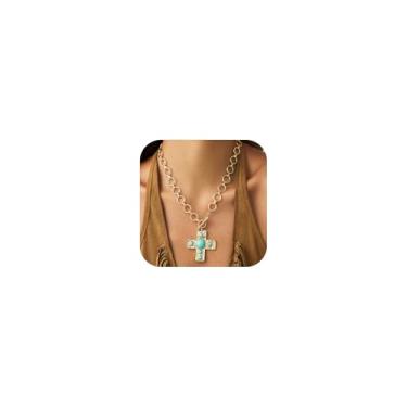 Imagem de Boho Colar com pingente de cruz turquesa dourado grosso para mulheres vintage crucifixo country western, acessórios exclusivos para joias, Large, Zinco, Sem Pedra Preciosa