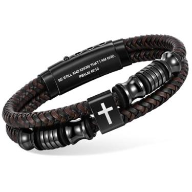 Imagem de Pulseira masculina de couro marrom cristão – Pulseira de cruz de fé de couro trançado de fileira dupla, batismo religioso, versículo bíblico inspirador, joia presente para homens jovens, adolescentes