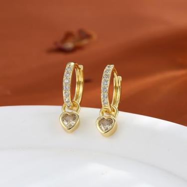 Imagem de Brincos de argola de coração banhados a ouro 14K para mulheres com zircônia cúbica, leves, pequenos e delicados brincos pendentes, standard, Cobre, Sem pedra preciosa