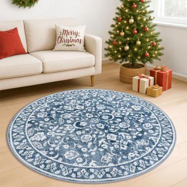 Imagem de SILOLOOM Tapete redondo azul e branco de 1,8 m para entrada, tapete circular, lavável, antiderrapante, redondo, para sala de estar, tapete de sala de estar estampado de lã sintética vintage para sala