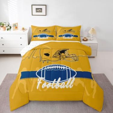 Imagem de Erosebridal Conjunto de edredom de futebol americano, tamanho Queen, capacete de rúgbi, para quarto de crianças, meninos e adolescentes, edredom esportivo de futebol americano, amarelo, azul escuro