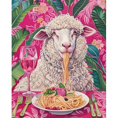 Imagem de Kits de pintura de ovelha dócil por números com pincéis e pigmento acrílico em tela, pintura de plantas tropicais para adultos e iniciantes, imagem de jantar suntuosa para presentes de decoração de